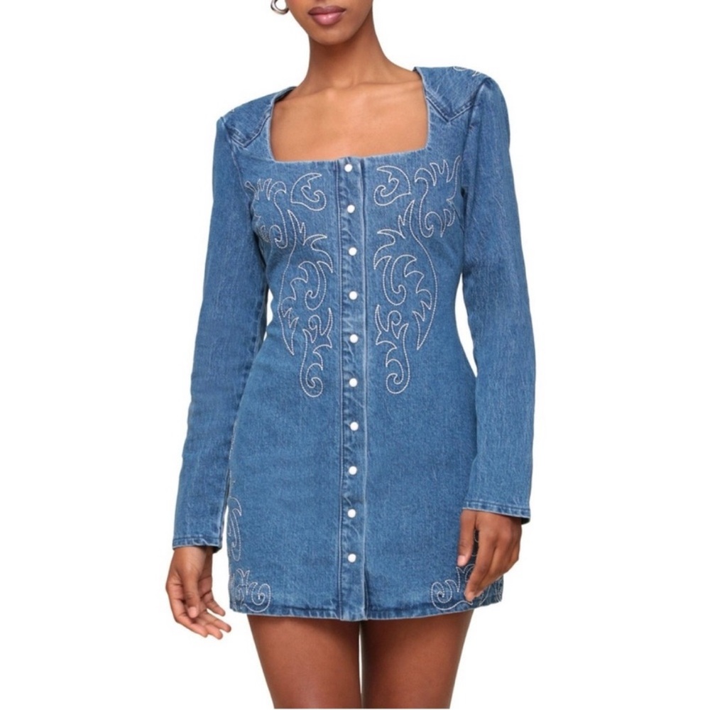 NWT Avec Les Filles western snap up Blue Denim mini Dress Embroidered Design - Picture 8 of 9